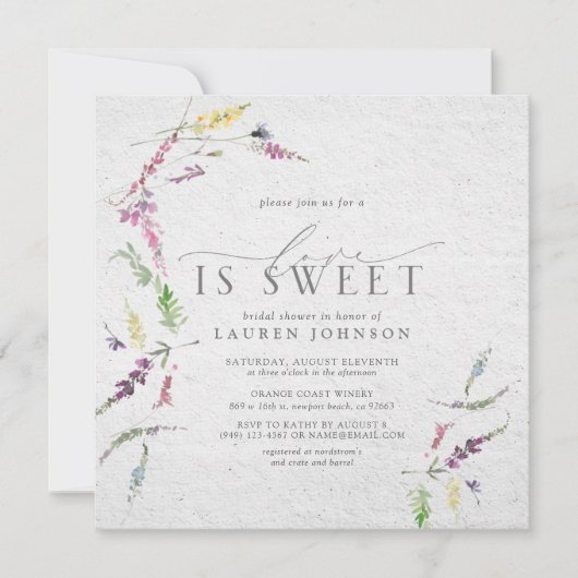 Elegante Liebe ist süße Wildblume Aquarelldusche Einladung (Vorderseite)