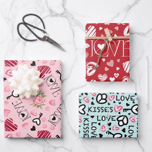 Elegante Liebe Kisses Key Peony Pink Hearts Geschenkpapier Set (Vorderseite)