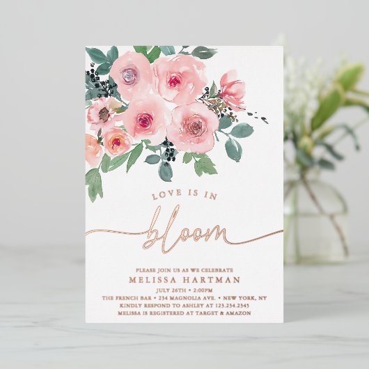 Elegante Liebe mit Blumen ist im Brautparty Folieneinladung (Stehend vorne)