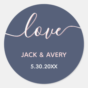 Elegante Liebe Script Navy & Blush Wedding Date Runder Aufkleber