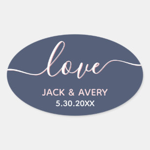 Elegante Liebe Script Navy & Blush White Wedding Ovaler Aufkleber