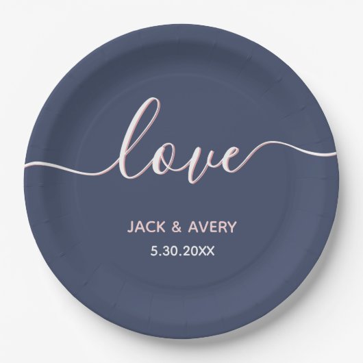Elegante Liebe Script Navy & Blush White Wedding Pappteller (Vorderseite)