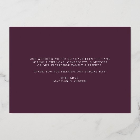 Elegante Liebe und Dank Lila Foto Hochzeit Folieneinladung (Rückseite)