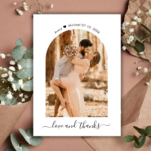 Elegante Liebe und dank Script Foto Arch Wedding Dankeskarte