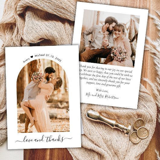 Elegante Liebe und dank Script Foto Arch Wedding Dankeskarte