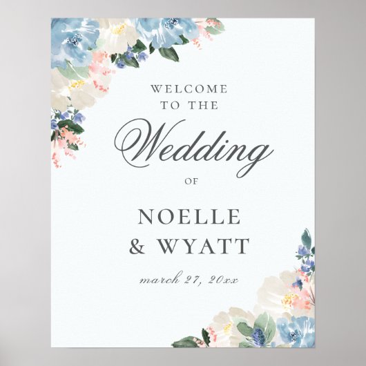 Elegante Light Blue Botanical Wedding Willkommen Poster (Vorne)