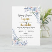 Elegante Light Blue Floral Wedding Desc Einladung (Stehend Vorderseite)