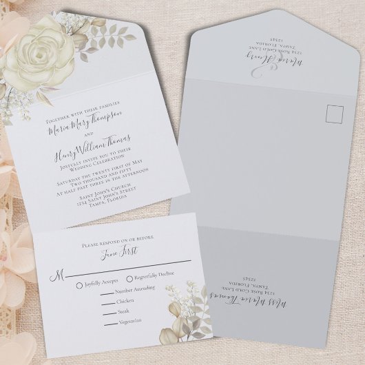 Elegante Light Blue Floral Wedding RSVP All In One Einladung