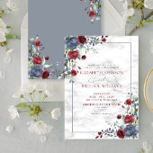 Elegante Light Dusty Blue Burgundy Blumenhochzeit Einladung