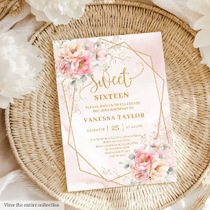 Elegante Light Pink Sage Gold Floral 16 . Geburtst Einladung