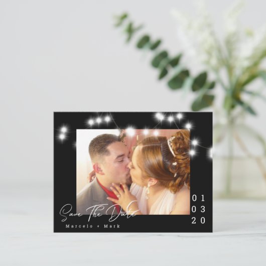 Elegante Light String Save the Date Script Postcar Postkarte (Stehend Vorderseite)