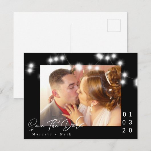 Elegante Light String Save the Date Script Postcar Postkarte (Vorne/Hinten)