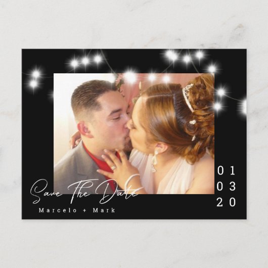 Elegante Light String Save the Date Script Postcar Postkarte (Vorderseite)