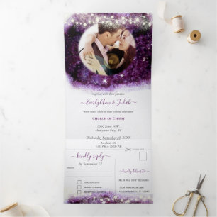 Elegante lila Amethyst-Kristall-Geode Hochzeit Dreifach Gefaltete Einladung