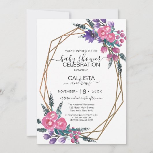 Elegante Lila Aquarell-Blume Kinderdusche Einladung (Vorderseite)