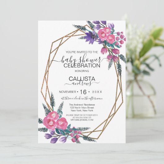 Elegante Lila Aquarell-Blume Kinderdusche Einladung (Stehend Vorderseite)