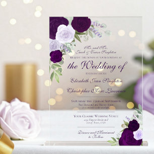 Elegante lila Aquarell-Blumen-Hochzeit Acryleinladungen