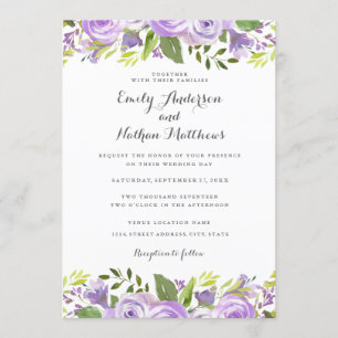 Elegante lila Aquarell-Blumen-Rosen-Hochzeit Einladung