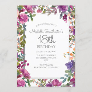 Elegante lila Aquarell-Blumen zum 18. Geburtstag Einladung