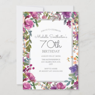Elegante lila Aquarell-Blumen zum 70. Geburtstag Einladung