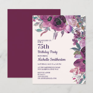Elegante lila Aquarell-Blumen zum 75. Geburtstag Einladung