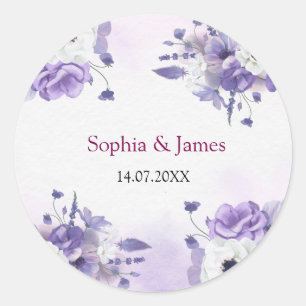 Elegante lila Aquarell-Hochzeit Runder Aufkleber