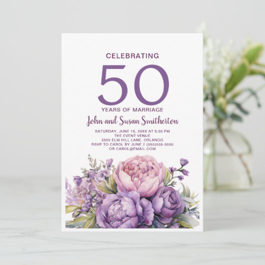 Elegante Lila Aquarellblume 50 Jahre alt Einladung (Stehend Vorderseite)
