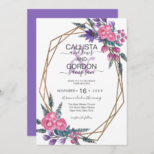 Elegante Lila Aquarellfarben-Blume Hochzeit Einladung (Vorne/Hinten)