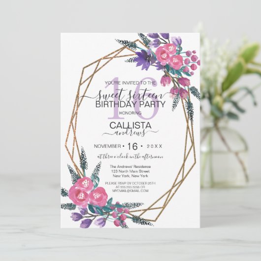 Elegante Lila Aquarellfarben Blume Süß 16 Einladung (Stehend Vorderseite)