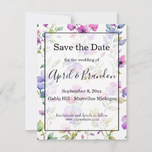 Elegante lila Aquarellfarben Wildblumen Hochzeit Save The Date