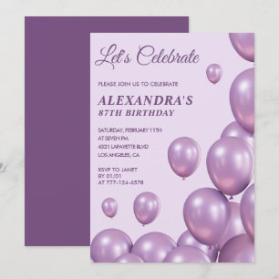 Elegante Lila Balloons 87. Geburtstagseinladungen Einladung