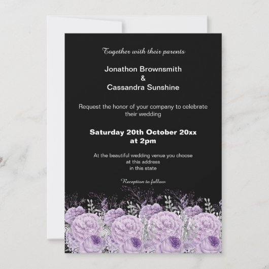 ELEGANTE LILA BLACK FLORAL GLITZER WEDD EINLADUNG (Vorderseite)