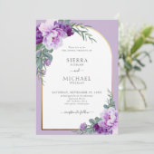 Elegante Lila Blattgold-Hochzeit Einladung (Stehend Vorderseite)