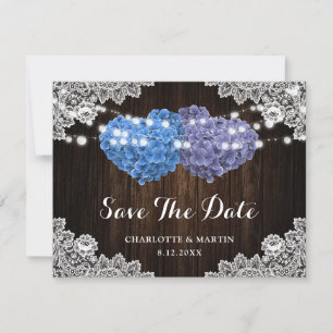 Elegante lila blaue Blumen-Spitze-Holz-Hochzeit Save The Date