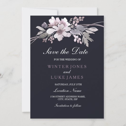 Elegante Lila blaue Blumenkarte Save the Date (Vorderseite)