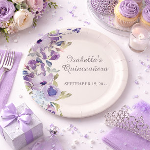 Elegante lila blaue florale horizontale Quinceañer Pappteller