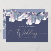 Elegante Lila Blauer Silberblauer Blumenzehen Einladung (Vorne/Hinten)