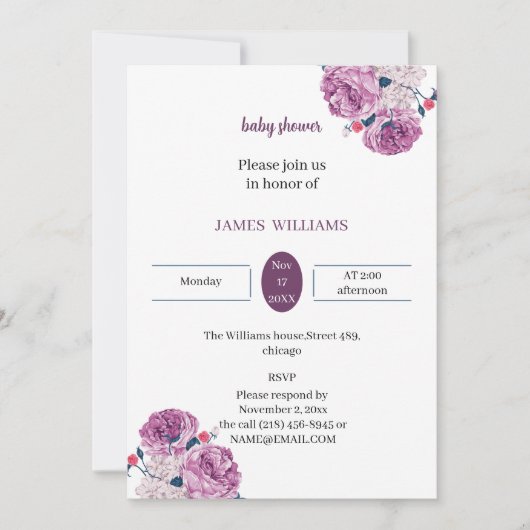 Elegante Lila Blume, individuelle Babydusche Einladung (Vorderseite)