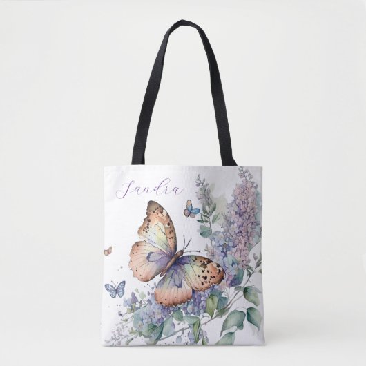 Elegante lila Blume und Schmetterling Tasche (Vorderseite)
