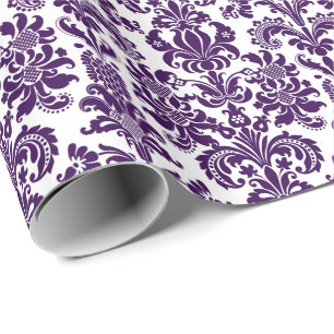 Elegante lila Blumen-Damaske auf weißem Hintergrun Geschenkpapier
