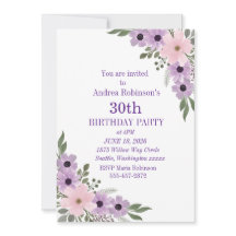 Elegante lila Blumen-Einladung zum 30. Geburtstag