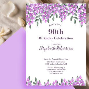 Elegante lila Blumen Frauen 90. Geburtstag Einladung