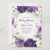 Elegante Lila Blumen-Glitzer Kinderdusche in Einladung (Vorderseite)