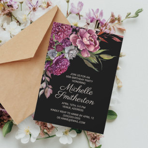 Elegante lila Blumen Schwarz 60. Geburtstag Frauen Einladung