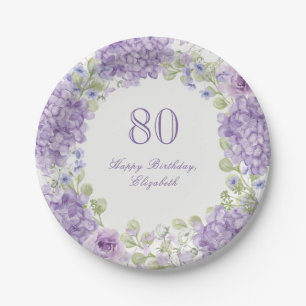 Elegante lila Blumen-Teller zum 80. Geburtstag Pappteller