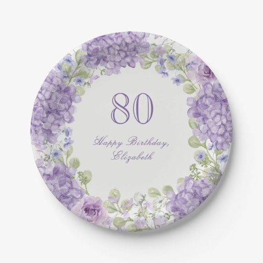 Elegante lila Blumen-Teller zum 80. Geburtstag Pappteller (Vorderseite)
