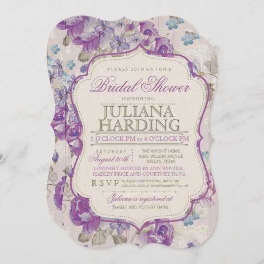 Elegante Lila Blumendusche Einladung (Vorne/Hinten)