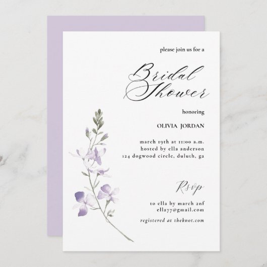 Elegante Lila Blumendusche Einladung (Vorne/Hinten)