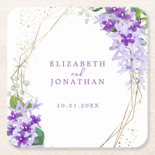 Elegante Lila Blumengoldrahmen-Hochzeit Rechteckiger Pappuntersetzer (Vorderseite)