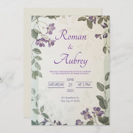 Elegante Lila Blumengrün Einladung zur Hochzeit (Vorne/Hinten)